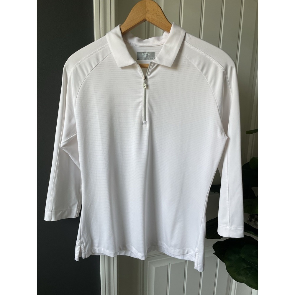 Callaway Golf Womens White 3/4 Sleeve Textured Polo Zip Neck Shirt Size Medium